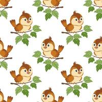Seamless pattern, cute sparrows on tree branches. Children's print, textile, vector