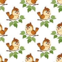 Seamless pattern, cute sparrows on tree branches. Children's print, textile, vector