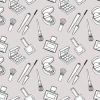 Seamless pattern, drawn contour items cosmetics on a light background. Makeup background, textile, vector