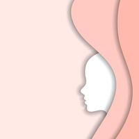 Greeting card template for Women's Day March 8th. Female profile silhouettes with shadow, cut paper effect. Pink pastel shades. Vector