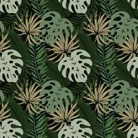 Seamless pattern, jungle, colorful tropical leaves on a dark background. Print, background, textile, wallpaper, vector