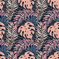 Seamless pattern, jungle, colorful tropical leaves on a dark background. Print, background, textile, wallpaper, vector