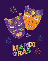 coloridas máscaras de carnaval y fuegos artificiales, mardi gras. ilustración, pancarta, póster, vector