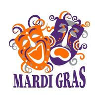 mardi gras, coloridas máscaras de carnaval y texto de saludo. diseño naranja violeta. pancarta, póster, vector