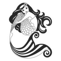 Magic  mermaid girl, black and white design. Sketch for children's coloring. Illustration, vector