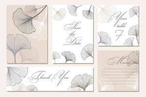 plantillas de invitación de boda rústicas. reserva. gracias. menú. tu mesa. caligrafía y hojas de ginkgo dibujadas a mano. vector