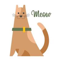 Funny cute cat in a collar and text Meow on a white background. Children's print, postcard, vector