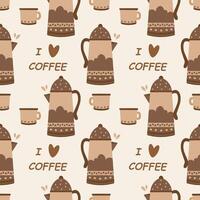 Seamless pattern, vintage coffee cups with ornament and coffee beans. Background, print, vector