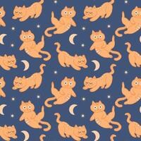 Seamless pattern, funny kittens on the background of the night sky with the moon and stars. Children's textile, print, vector. vector