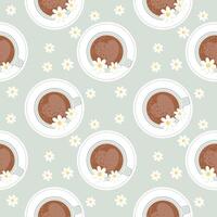 Seamless pattern, coffee cups and chamomile flowers, top view. Background, textile, print, vector