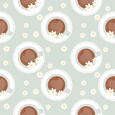 Seamless pattern, coffee cups and chamomile flowers, top view. Background, textile, print, vector
