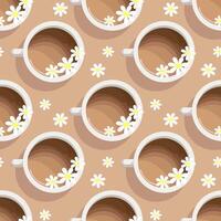 Seamless pattern, coffee cups and chamomile flowers, top view. Background, textile, print, vector