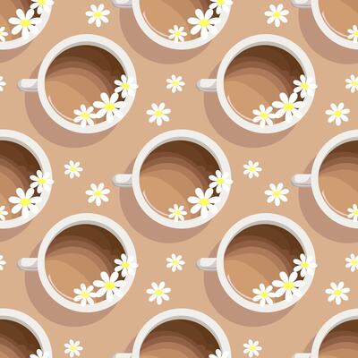 Seamless pattern, coffee cups and chamomile flowers, top view. Background, textile, print, vector