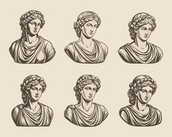 Set of hand drawn heads of antique mythical goddess statues in engraving style. Ancient Greek female sculptures. Vector