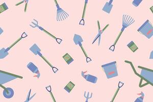 Seamless pattern. Background of various gardening and gardening tools. Bright illustration isolated on a pink background. Vector illustration