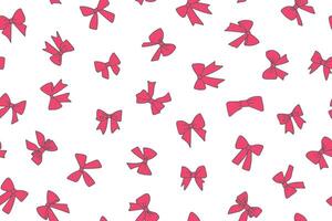 Seamless pattern of pink gift bows, ribbons in doodle style, hand drawn. Pink ribbon for fashion textile or wallpaper background. Vector illustration