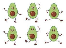 A set of avocados in the style of kawaii. Avocado fruits in a flat design. Vector