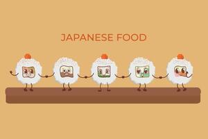 A set of vector icons of delicious colored sushi rolls in the style of kawaii. A collection of different flavors and varieties