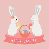 Happy easter card. Illustration with cute bunnies and eggs. Vector illustration isolated on pink background