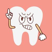 Funny healthy white molar with sad outraged face, retro cartoon teeth mascot, dentistry and dental care sticker of 70s 80s vector illustration. Vector illustration. Vector