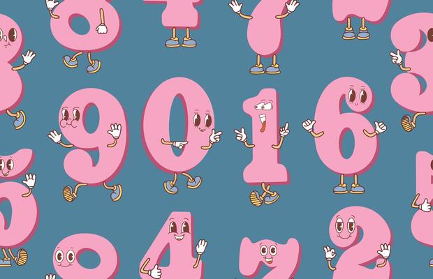 Seamless pattern of cute numbers with eyes, hands, feet.