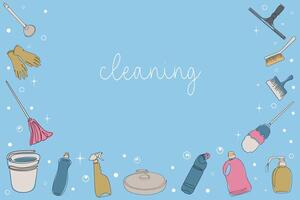 Background of cleaning equipment. Vector illustration. Cleaning tools in one line.