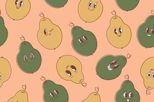 Seamless pattern of pears in kawaii style with eyes. Happy cute cartoon pear emoticon set. Vector illustration of healthy vegetarian food. Vector