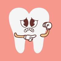 Funny healthy white molar with sad crying face, retro cartoon teeth mascot, dentistry and dental care sticker of 70s 80s vector illustration. Vector illustration
