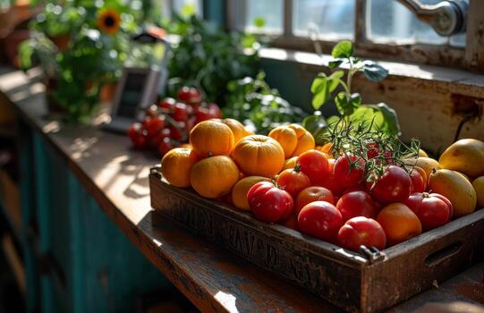 ai generado Fresco Tomates y otro vegetales en de madera caja en mesa en cocina foto