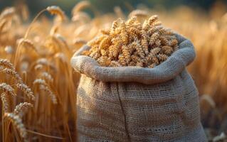 AI generated Wheat grain in bag on the background of wheat field photo