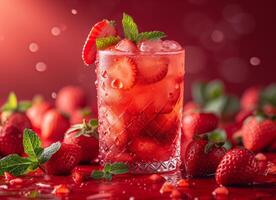 AI generated Strawberry drink with fresh strawberries and mint on red background photo