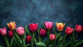 AI generated Red and yellow tulips on dark blue background photo