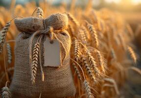 AI generated Sack with ear of wheat and tag on the background of wheat field photo