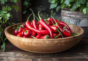 ai generado rojo caliente chile pimientos en de madera cuenco foto