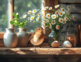 ai generado Pascua de Resurrección composición con pájaro huevos y floreros con flores foto