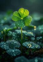 ai generado verde cuatro hoja trébol y pequeño planta con Rocío en eso foto