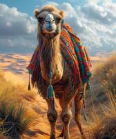 AI generated Camel standing on sand dunes in the desert. An image of a camel standing in the desert photo