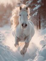 AI generated White horse runs gallop in the snow photo