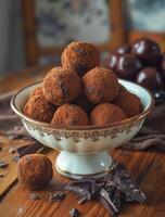 ai generado chocolate trufas en Clásico cuenco en de madera mesa foto