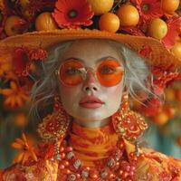 AI generated Portrait of beautiful young woman in hat and sunglasses with tangerines photo