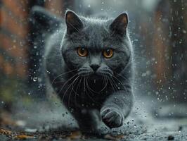 ai generado británico cabello corto gato corriendo en el lluvia con pata y naranja ojos foto