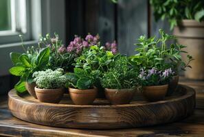 AI generated Various fresh herbs in pots on wooden table photo