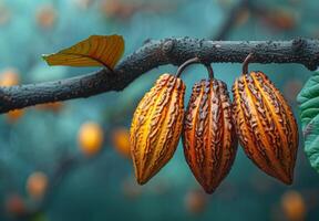 AI generated Cocoa Fruits hanging on tree This is the seeds of cocoa photo