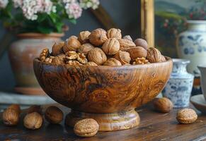 AI generated Walnuts in wooden bowl. Walnuts in wooden bowl on a walnut pit photo