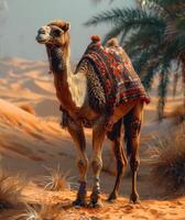 ai generado camello en pie en el Desierto con hermosa ensillar paño cubierta foto