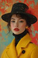 AI generated Beautiful young woman in yellow coat and hat photo