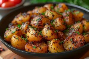 AI generated Roasted potatoes with herbs and spices in pan photo