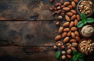 AI generated Different types of nuts in bowls on wooden table photo