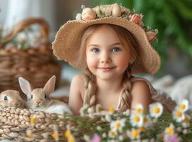 AI generated Cute little girl in straw hat with rabbit has good time in the spring garden on sunny day. photo