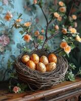 AI generated Easter eggs in nest on wooden table photo